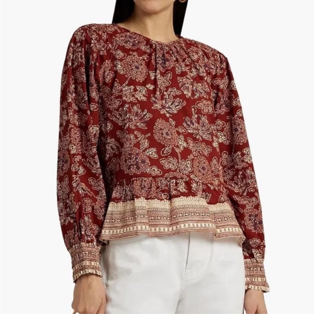 Veronica Beard Red Floral Peasant Blouse